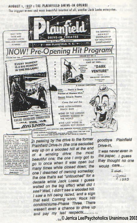 Plainfield Drive-In Theatre - Grand Opening Ad August 1 1957 Courtesy Jerrica Lee (newer photo)
